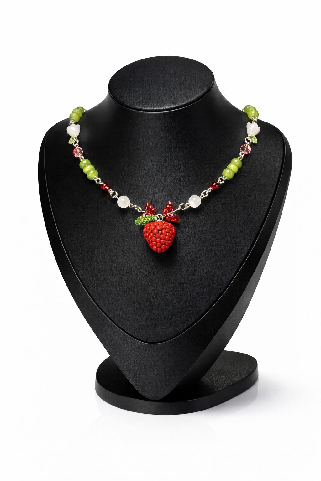 Handgefertigte Himbeer-Halskette mit Glasperlen – Verspielter Frucht-Schmuck in Rot & Grün